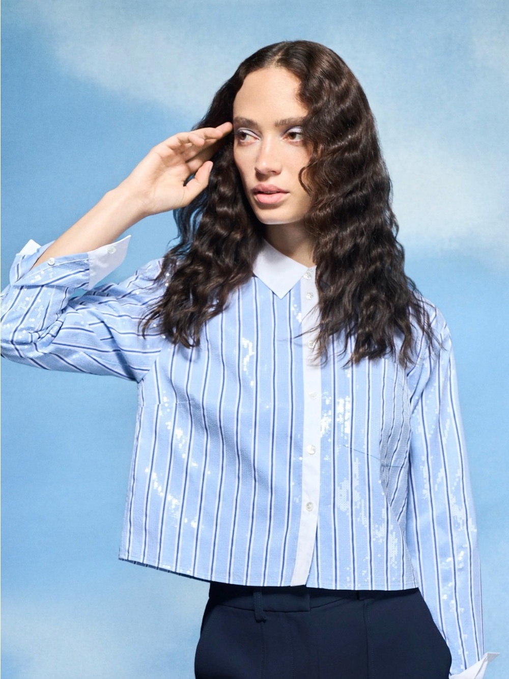 Veronica Beard Maia Light Blue and White Stripe sequin Button-Down Shirt